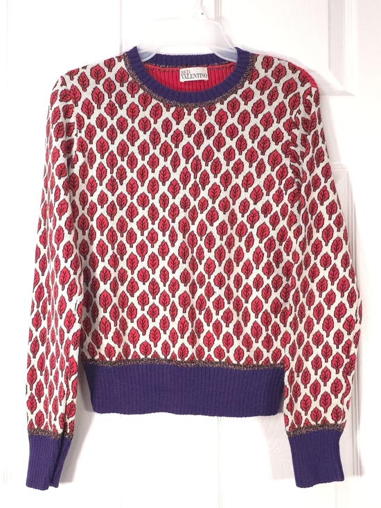 RED Valentino Sweaters - RED Valentino Red Leaf Jacquard Knit Sweater Retro Purple Trim S
